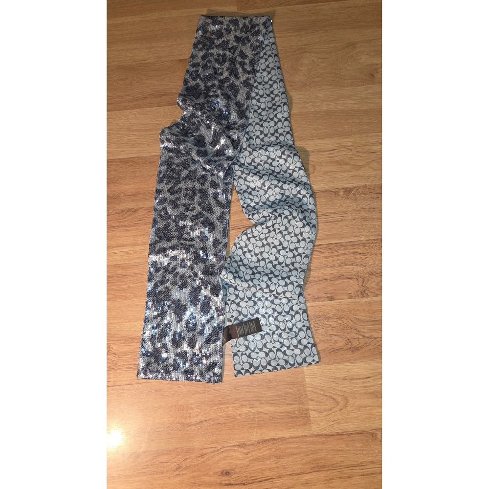 Coach Reversible Sequin Leopard Print Signature C Monogram Scarf Grey Silver